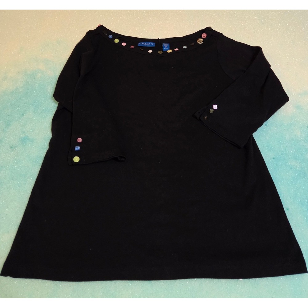 Karen Scott Sport Black Boat Neck Top Colorful Button Detail 3/4 Sleeve Large